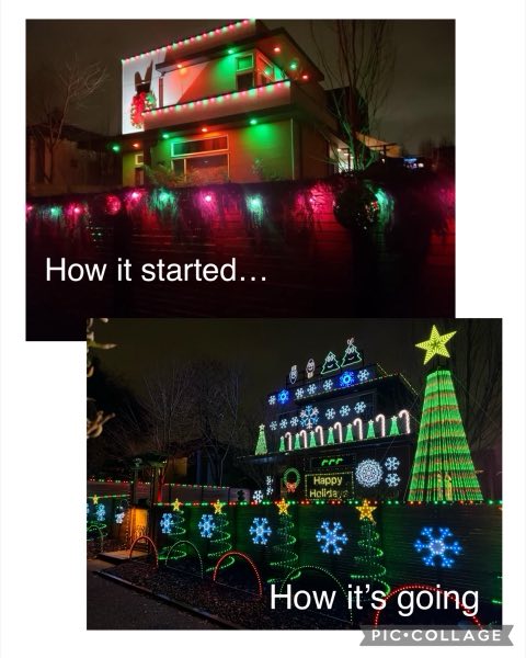 Collage comparing the first simple Christmas lights to the current full show