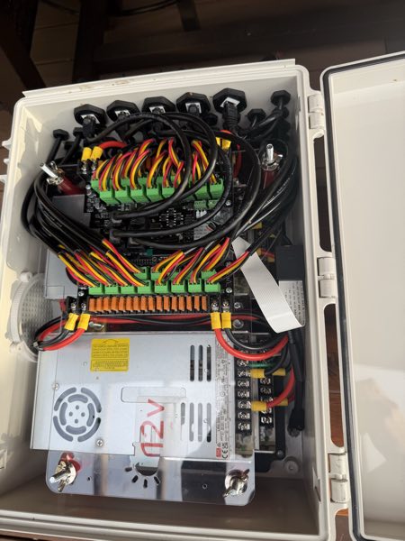 Weatherproof enclosure holding a 12-volt power supply, distribution boards, and fused outputs