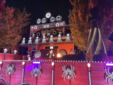 Halloween display with jack-o-lanterns along the roofline and spiders on the fence