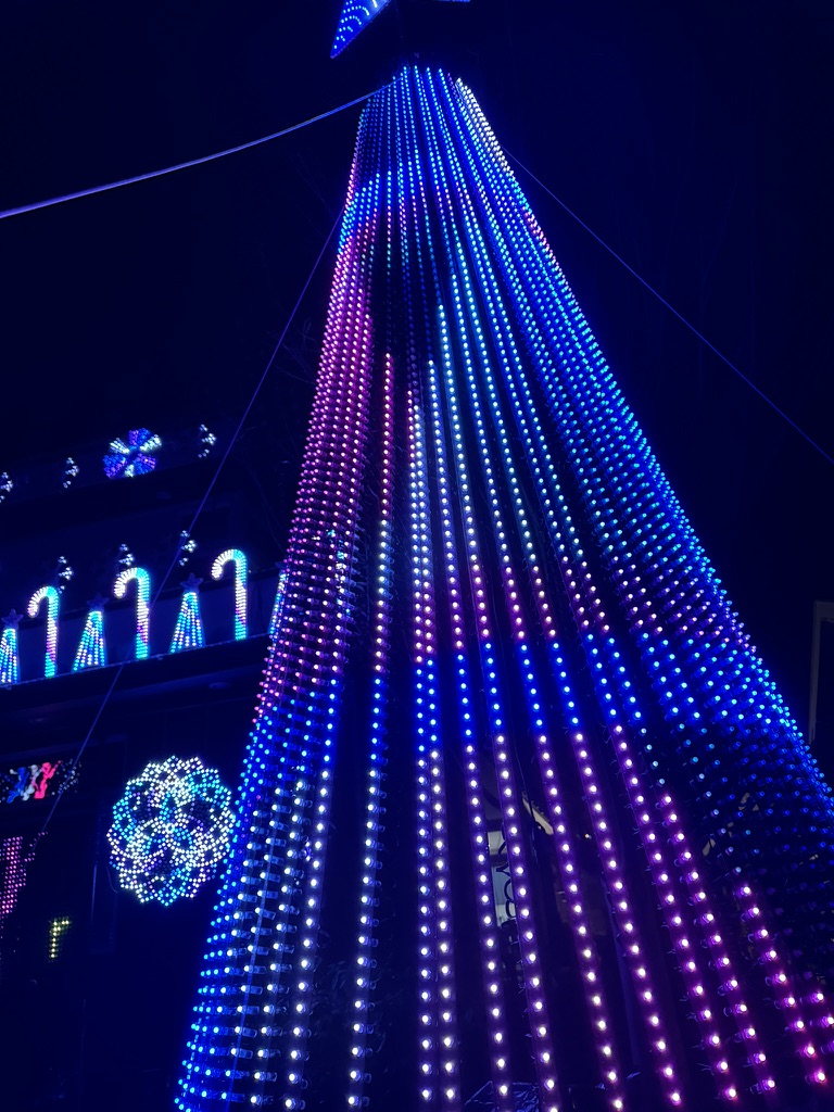 Close-up of the mega tree pixel strands in blue and pink
